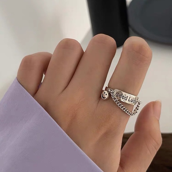 Smiley face ring, silver chain ring, lucky ring, stacking silver ring - Picture 8 of 10